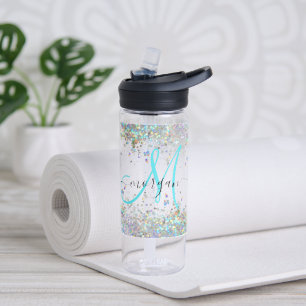 Botella De Agua Monograma de pasteles arcoiris Purpurina holográfi