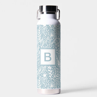 Botella De Agua Monograma de patrón botánico moderno azul claro