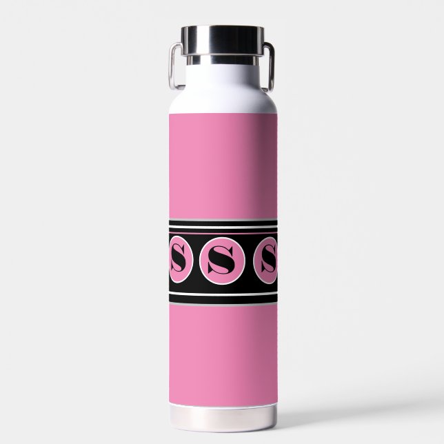 Botella De Agua Monograma de personalización rosa y negro moderno (Delantero)