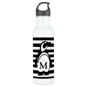 Botella De Agua Monograma de pingüino blanco y negro y rayas