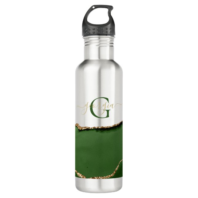 Botella De Agua Monograma de Purpurina de oro y agio verde (Anverso)