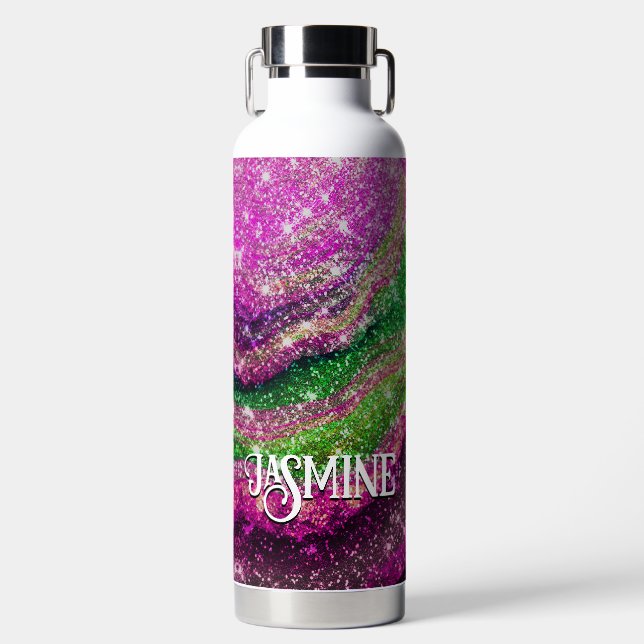 Botella De Agua Monograma de Purpurina verde rosa ondulado caprich (Delantero)
