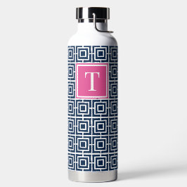 Botella De Agua Monograma de rejilla cuadrada Preppy – Azul marino