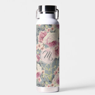 Botella De Agua Monograma de rosas rosadas y corazones de la Perla