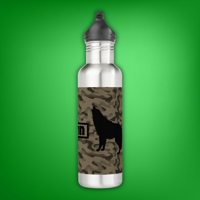 Botella De Agua Monograma de silueta de lobo negro marrón moderno  (Subido por el creador)