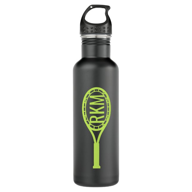 Botella De Agua Monograma de tenis negro amarillo personalizado (Anverso)