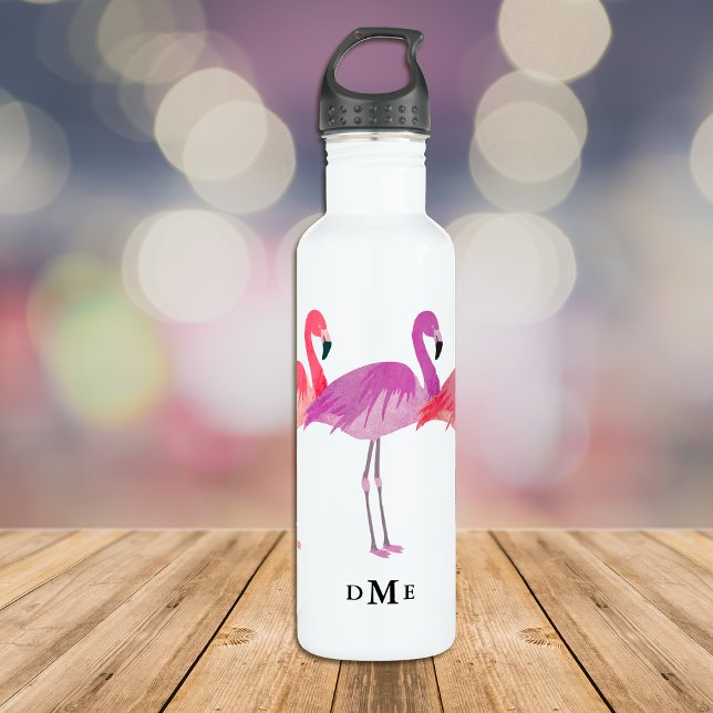 Botella De Agua Monograma de tres flamencos coloridos (Subido por el creador)