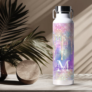 Botella De Agua Monograma de unicornio colorido chic que gotea pur