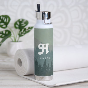 Botella De Agua Monograma del Boho Verde Azul Monograma y Retro Fo