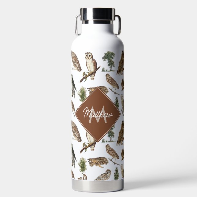 Botella De Agua Monograma del patrón de bosque de lechuza (Delantero)