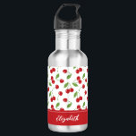 Botella De Agua Monograma del patrón de cereza rojo curado<br><div class="desc">Una botella de agua tierno de patrón de cerezo. Hace un gran regalo para un amigo. ¡Bien hecho por el Día de San Valentín!</div>