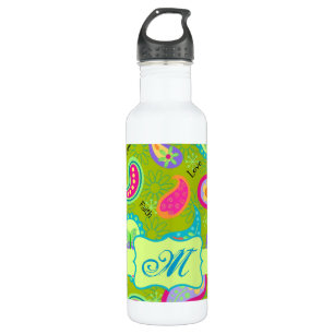 Botella De Agua Monograma del patrón de paisley moderno verde oliv