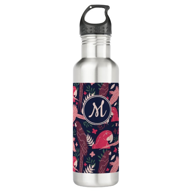 Botella De Agua Monograma del patrón de salida tropical del loro r (Anverso)