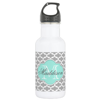 Botella De Agua Monograma del patrón elegante de Aqua gris