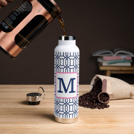 Botella De Agua Monograma del patrón geométrico del octagon azul b