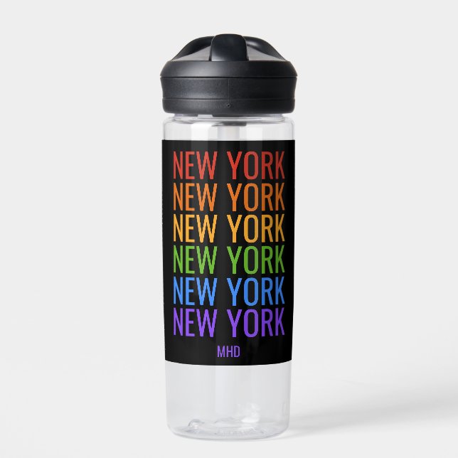 Botella De Agua Monograma del personalizado Rainbow NEW YORK (Delante)
