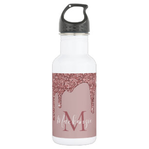 Botella De Agua Monograma del Purpurina de goteo de oro de Rosa