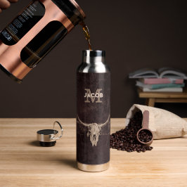 Botella De Agua Monograma del viejo cráneo de toro beige ruidoso