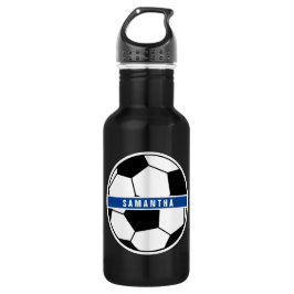 Botella De Agua Monograma deportivo de fútbol blanco y azul negro