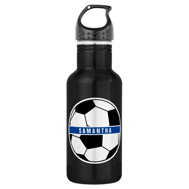 Botella De Agua Monograma deportivo de fútbol blanco y azul negro (Anverso)