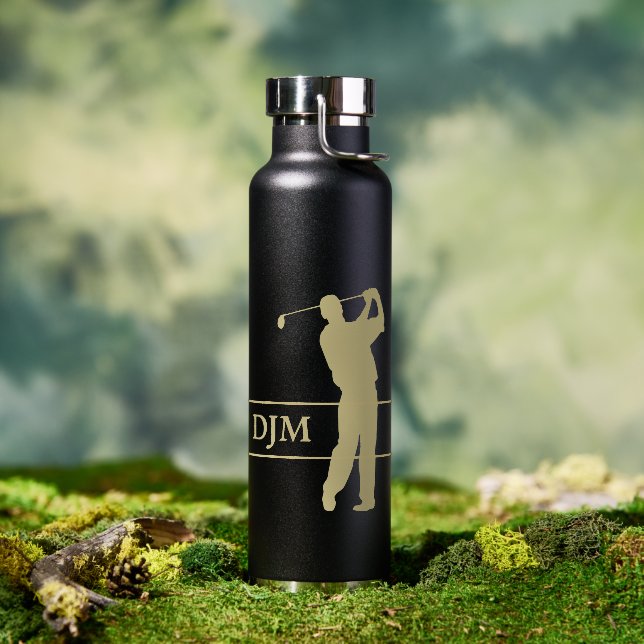 Botella De Agua Monograma dorado Silhouette Golfer (Exterior)
