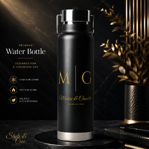Botella De Agua Monograma Elegante con Nombres de Pareja Negro