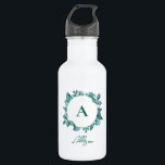 Botella De Agua Monograma elegante de color verde Verde azulado<br><div class="desc">La hermosa vegetación verde azulada hace una declaración elegante. Puede personalizar su información y cambiar la redacción.</div>