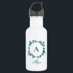 Botella De Agua Monograma elegante de color verde Verde azulado<br><div class="desc">La hermosa vegetación verde azulada hace una declaración elegante. Puede personalizar su información y cambiar la redacción.</div>