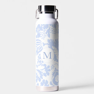 Botella De Agua Monograma elegante floral botánico azul
