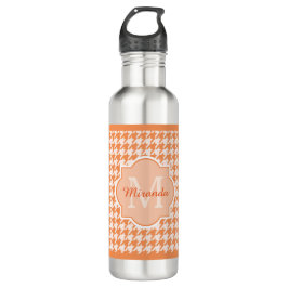 Botella De Agua Monograma elegante Houndstooth anaranjado con