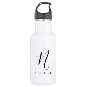 Botella De Agua Monograma Elegante Negro y Blanco