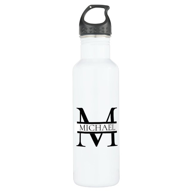 Botella De Agua Monograma elegante personalizado y nombre blanco (Anverso)