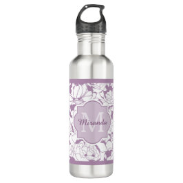 Botella De Agua Monograma femenino floral púrpura moderno con