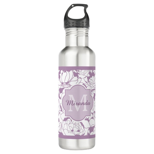 Botella De Agua Monograma femenino floral púrpura moderno con (Anverso)