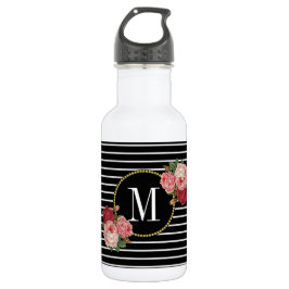 Botella De Agua Monograma floral a rayas negras con clase Girly Bo