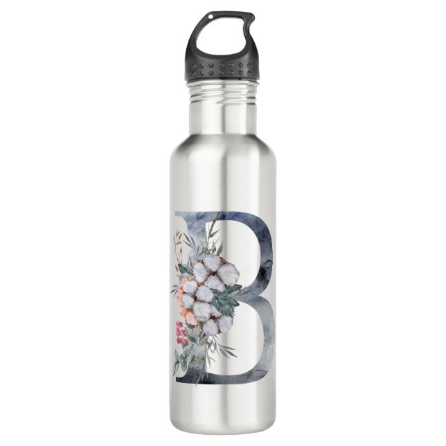Botella De Agua Monograma Floral Azul Primer B (Anverso)