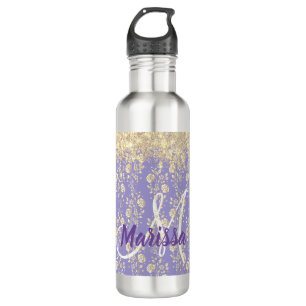 Botella De Agua Monograma Floral de oro en lavanda