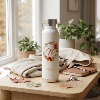Botella De Agua Monograma Floral de Otoño Personalizado