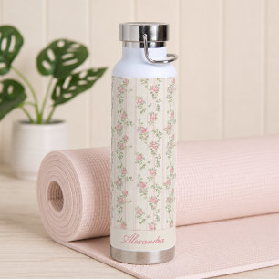 Botella De Agua Monograma Floral de Rosa Rosa Personalizada