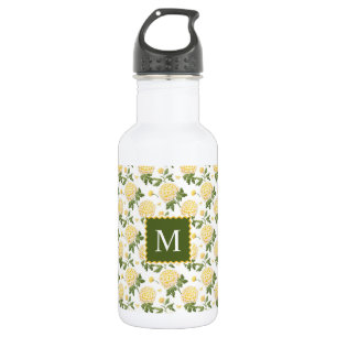 Botella De Agua Monograma floral elegante de hidragea amarilla