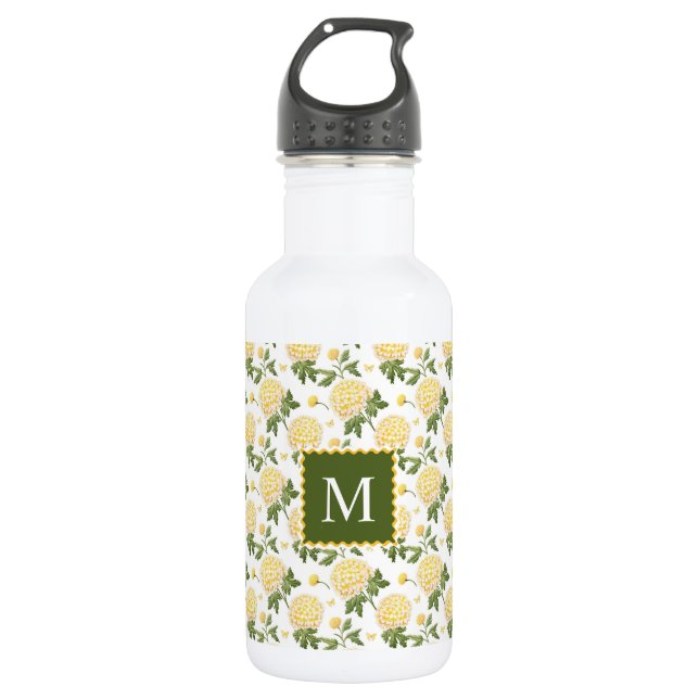 Botella De Agua Monograma floral elegante de hidragea amarilla (Anverso)