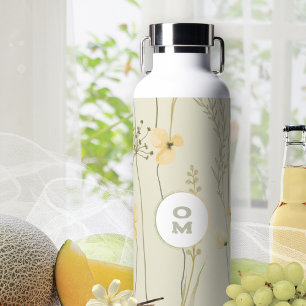 Botella De Agua Monograma floral moderno amarillo claro verde gran