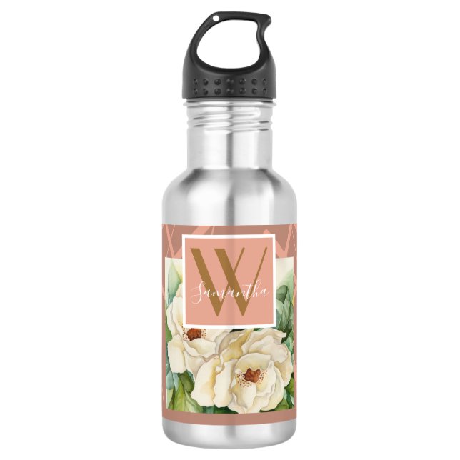 Botella De Agua Monograma floral moderno Magnolia Rosa oro Añadir  (Anverso)