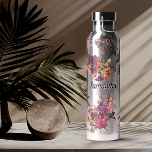 Botella De Agua Monograma floral naranja fucsia elegante
