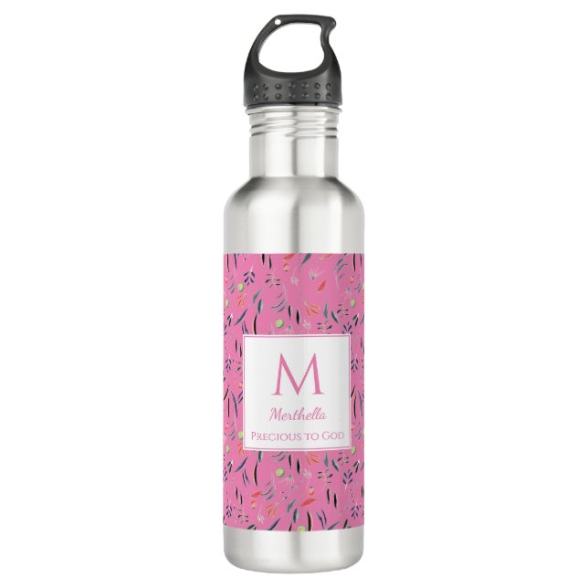 Botella De Agua Monograma floral PINK personalizado (Anverso)
