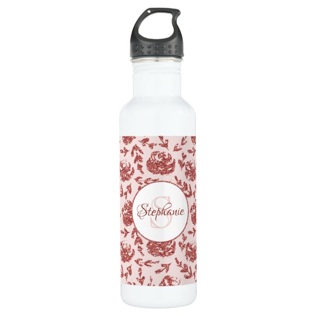 Botella De Agua Monograma floral Rosa Purpurina de oro Personaliza (Anverso)