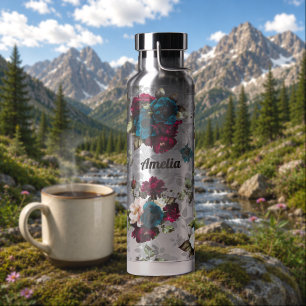 Botella De Agua Monograma Floral Turquesa Oscuro Rojo Elegante