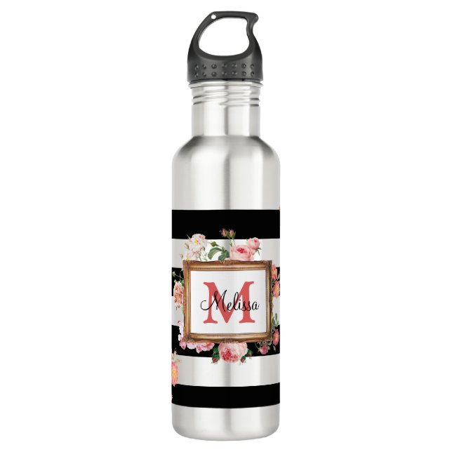 Botella De Agua Monograma Floral y rayas antiguas de época (Anverso)