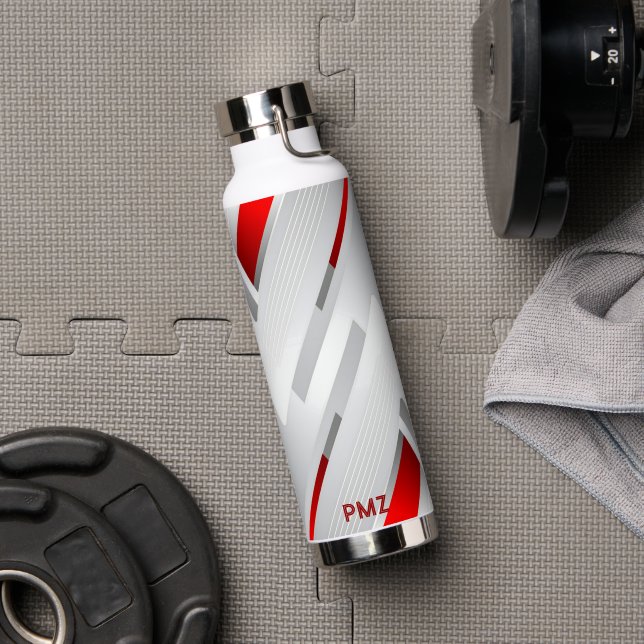 Botella De Agua Monograma Geométrico Gris Rojo Moderno (Gimnasio (girado))