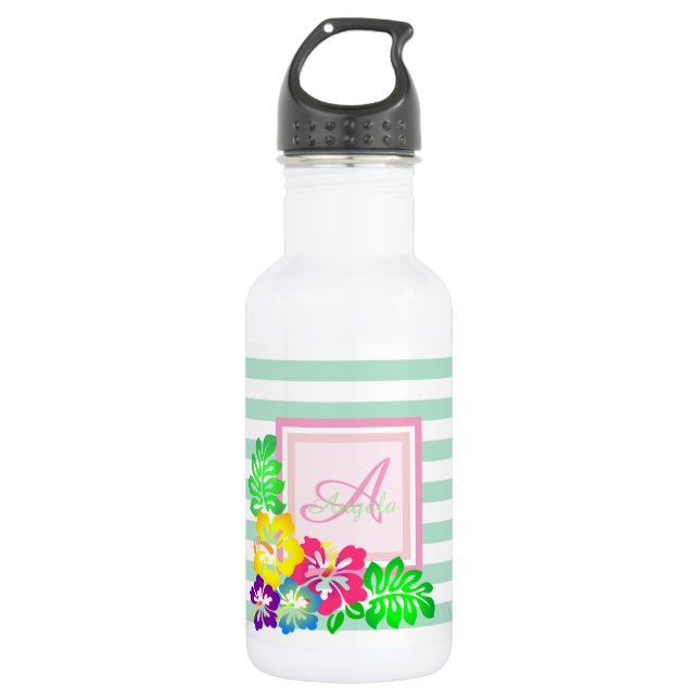 Botella De Agua Monograma, Hibiscus en franjas personalizadas (Anverso)